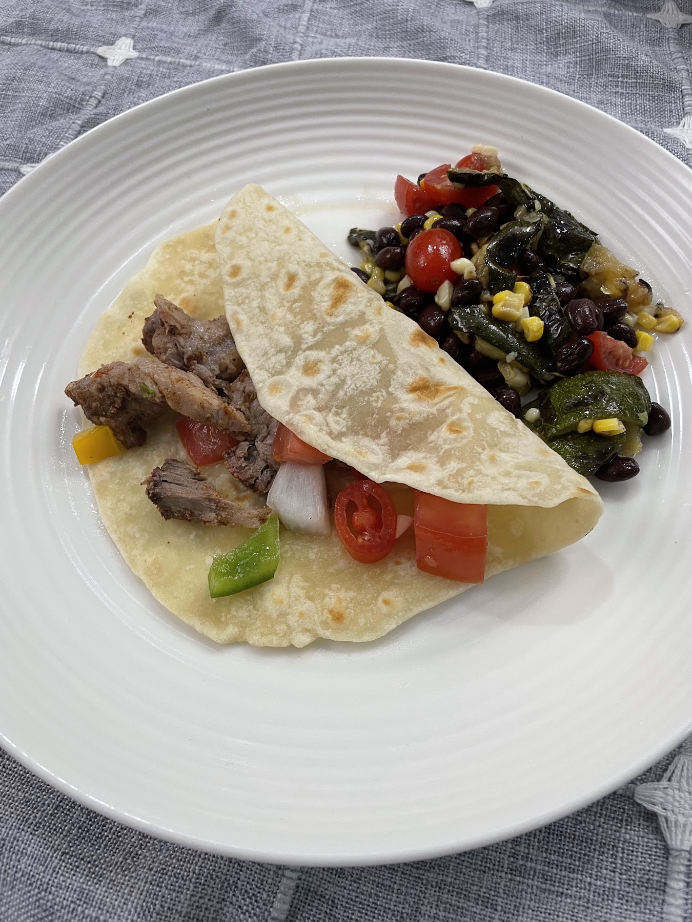 Smoked Pork over Tortillas and Three sister salad